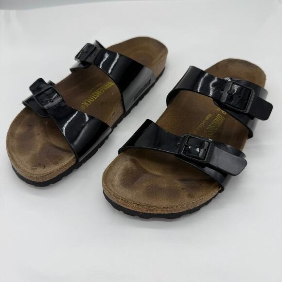 Birkenstock Ibiza Two Strap Black Patent Birk Flor Sandals Sz 39 EU / 8 US Women - Picture 2 of 9